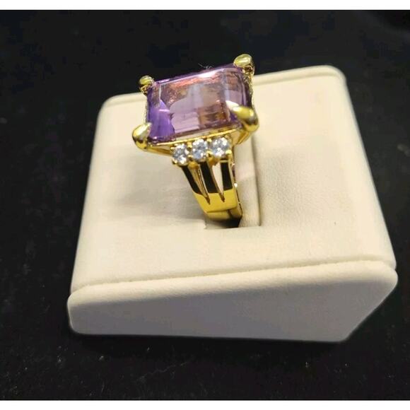 Amethyst Ring Size 10 Gold Plated 925 Sterling Silver Emerald Cut 16mmx12mm & CZ - Picture 2 of 5